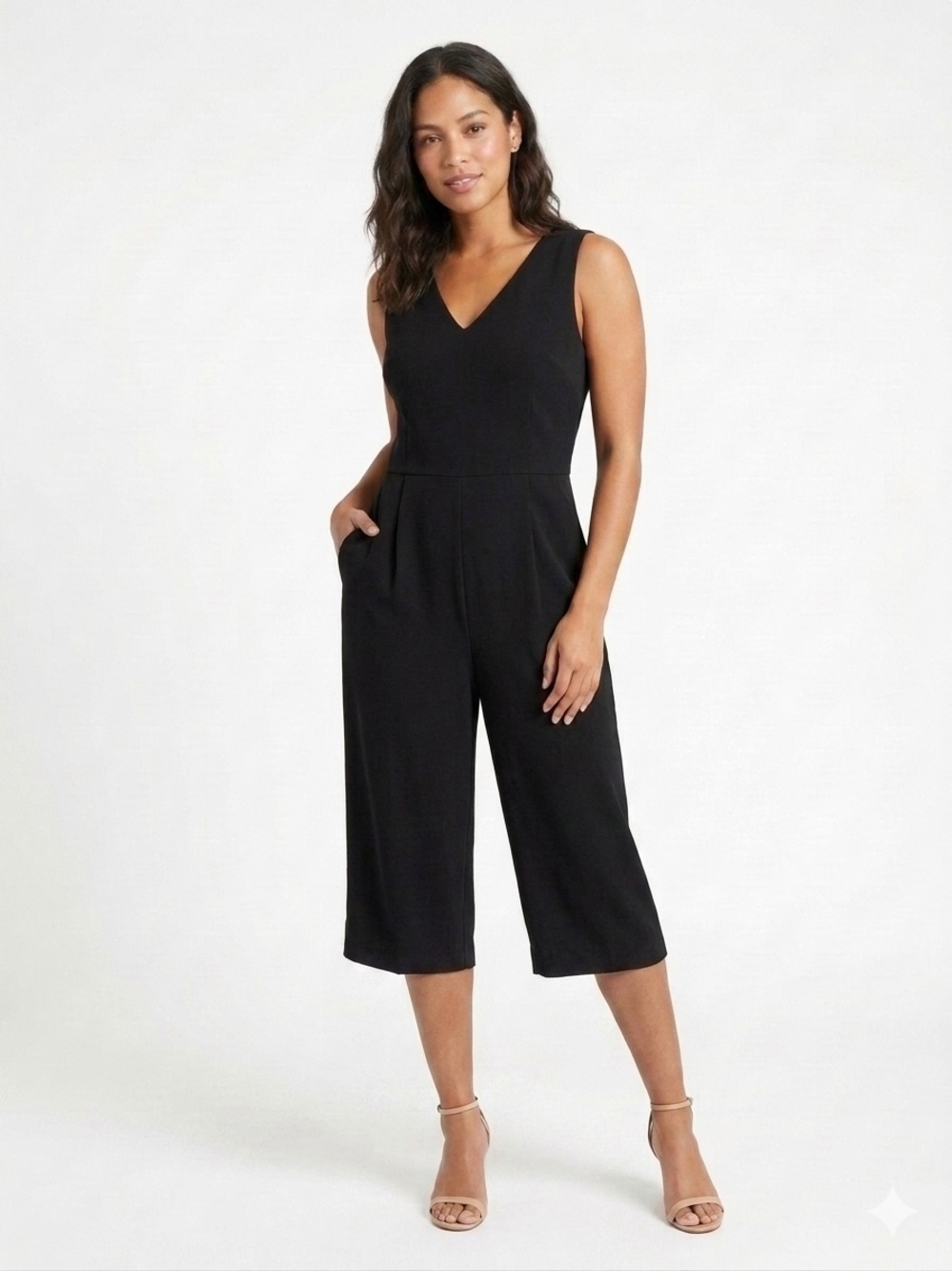 Calvin Klein Sleeveless V-Neck Wide Leg Cropped Jumpsuit Black Size 6 - 613